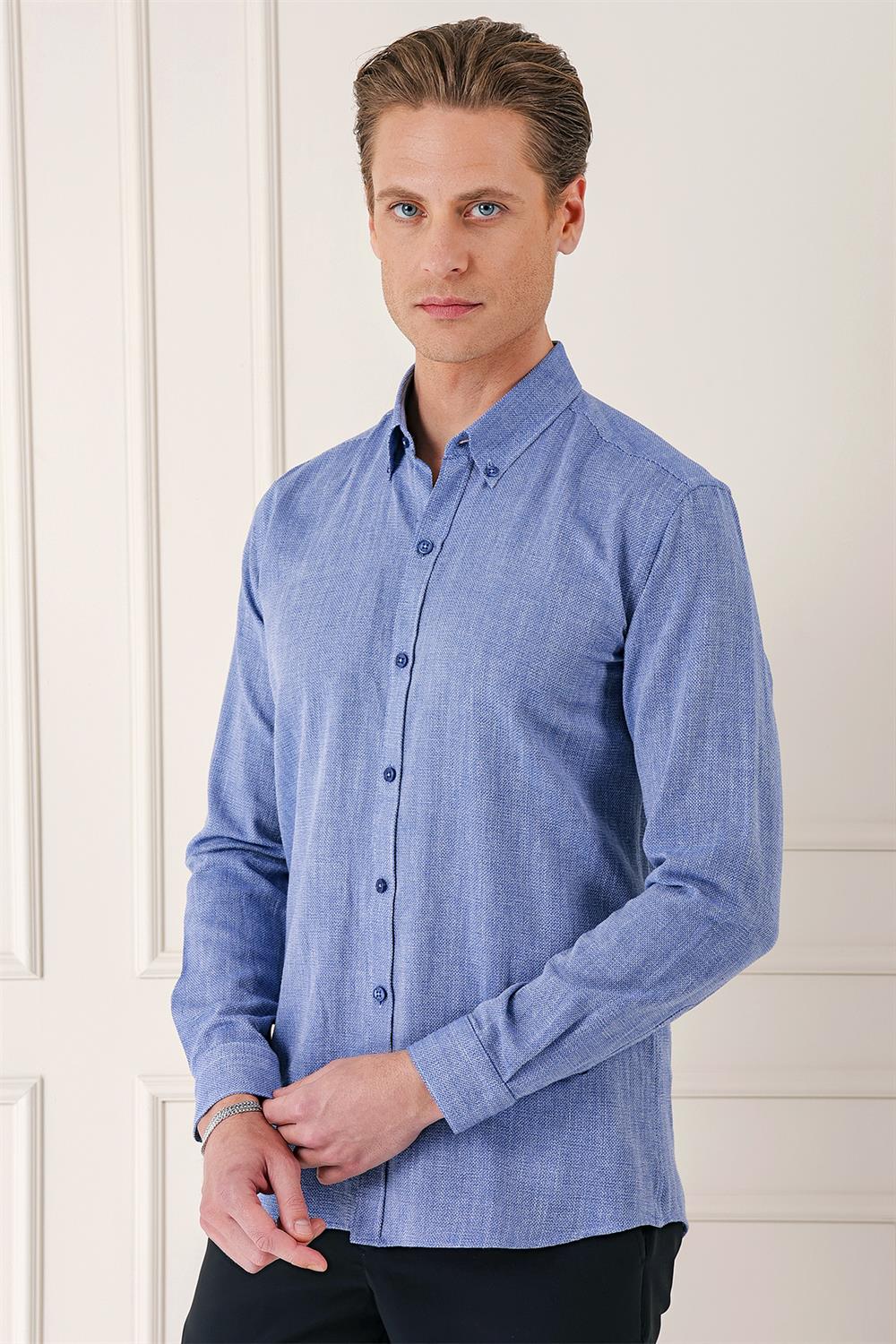 Gk 723 Slim Fit Düğmeli Yaka %100 Pamuk Klasik Koyu Mavi Gömlek