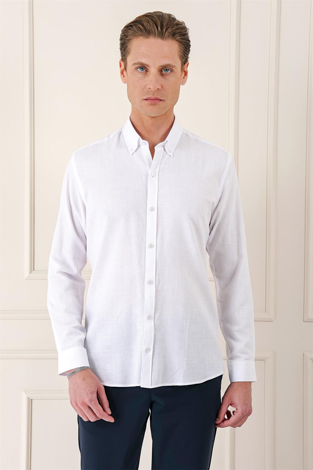 Gk 723 Slim Fit Düğmeli Yaka %100 Pamuk Klasik Beyaz Gömlek