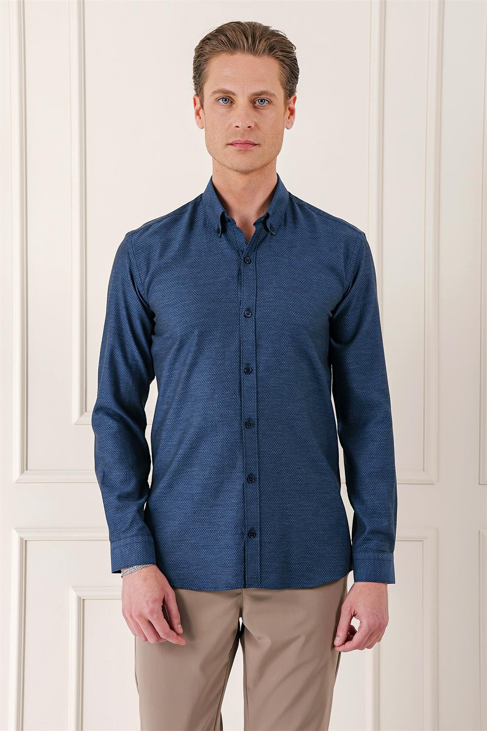 Gk 724 Slim Fit Düğmeli Yaka Dokulu %100 Pamuk Klasik Lacivert Gömlek