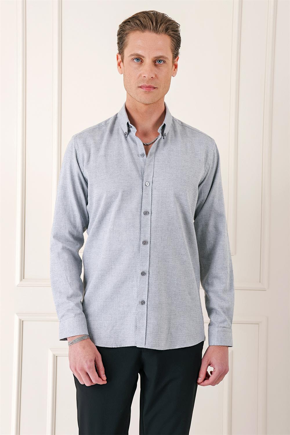 Gk 724 Slim Fit Düğmeli Yaka Dokulu %100 Pamuk Klasik Açık Gri Gömlek