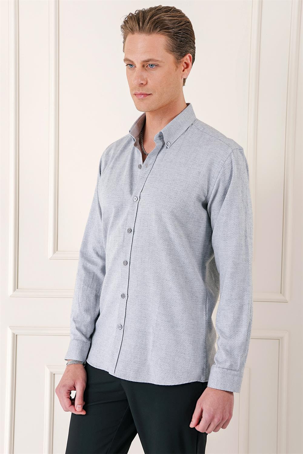 Gk 724 Slim Fit Düğmeli Yaka Dokulu %100 Pamuk Klasik Açık Gri Gömlek