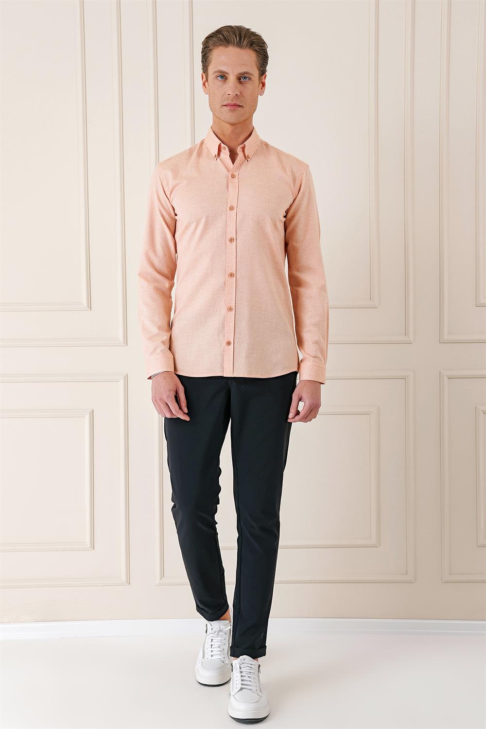 Gk 724 Slim Fit Düğmeli Yaka Dokulu %100 Pamuk Klasik Somon Gömlek