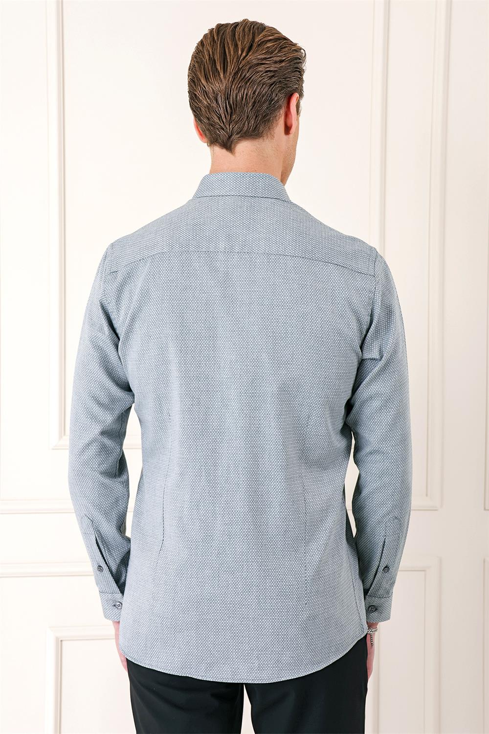 Gk 724 Slim Fit Düğmeli Yaka Dokulu %100 Pamuk Klasik Gri Gömlek