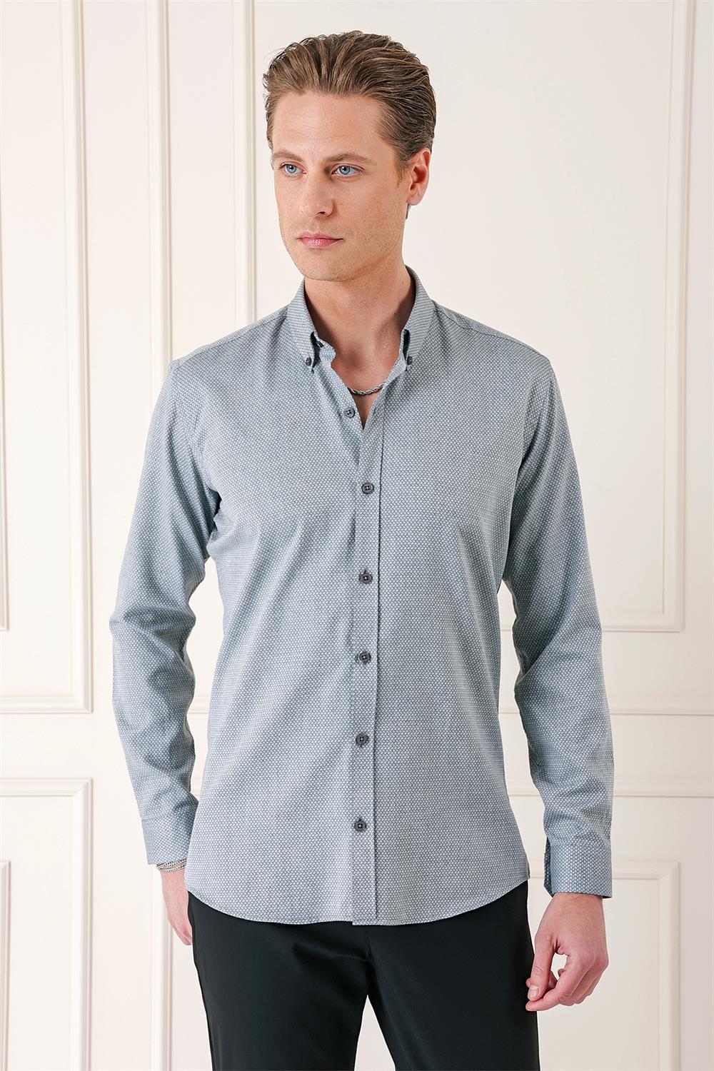 Gk 724 Slim Fit Düğmeli Yaka Dokulu %100 Pamuk Klasik Gri Gömlek