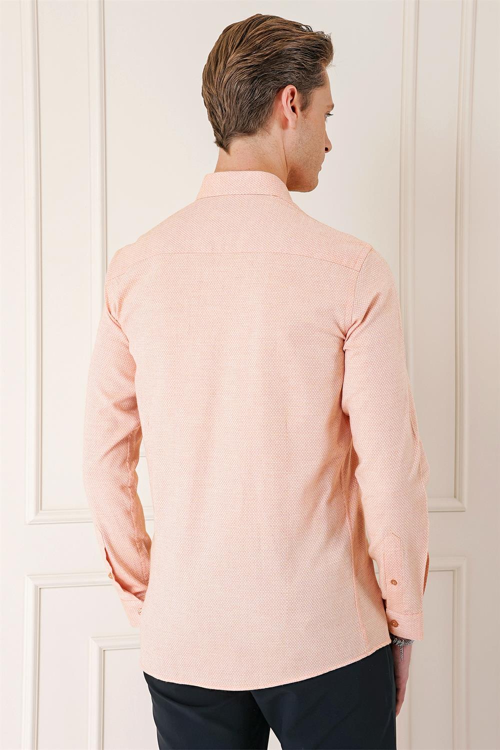 Gk 724 Slim Fit Düğmeli Yaka Dokulu %100 Pamuk Klasik Somon Gömlek