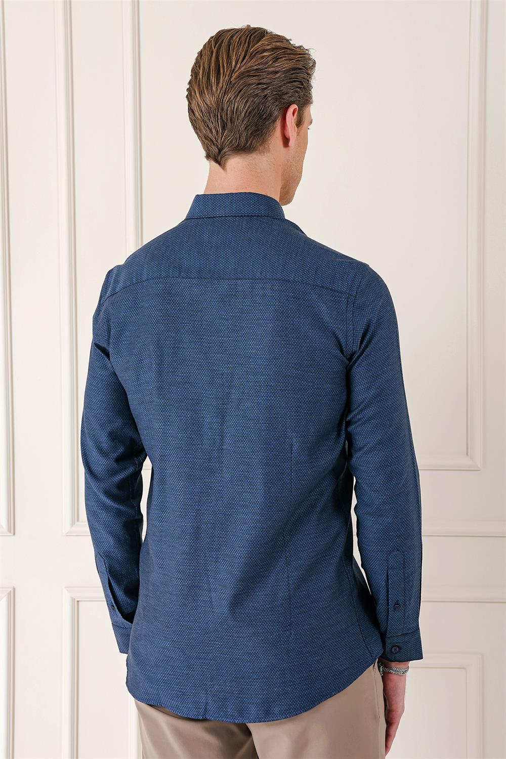 Gk 724 Slim Fit Düğmeli Yaka Dokulu %100 Pamuk Klasik Lacivert Gömlek