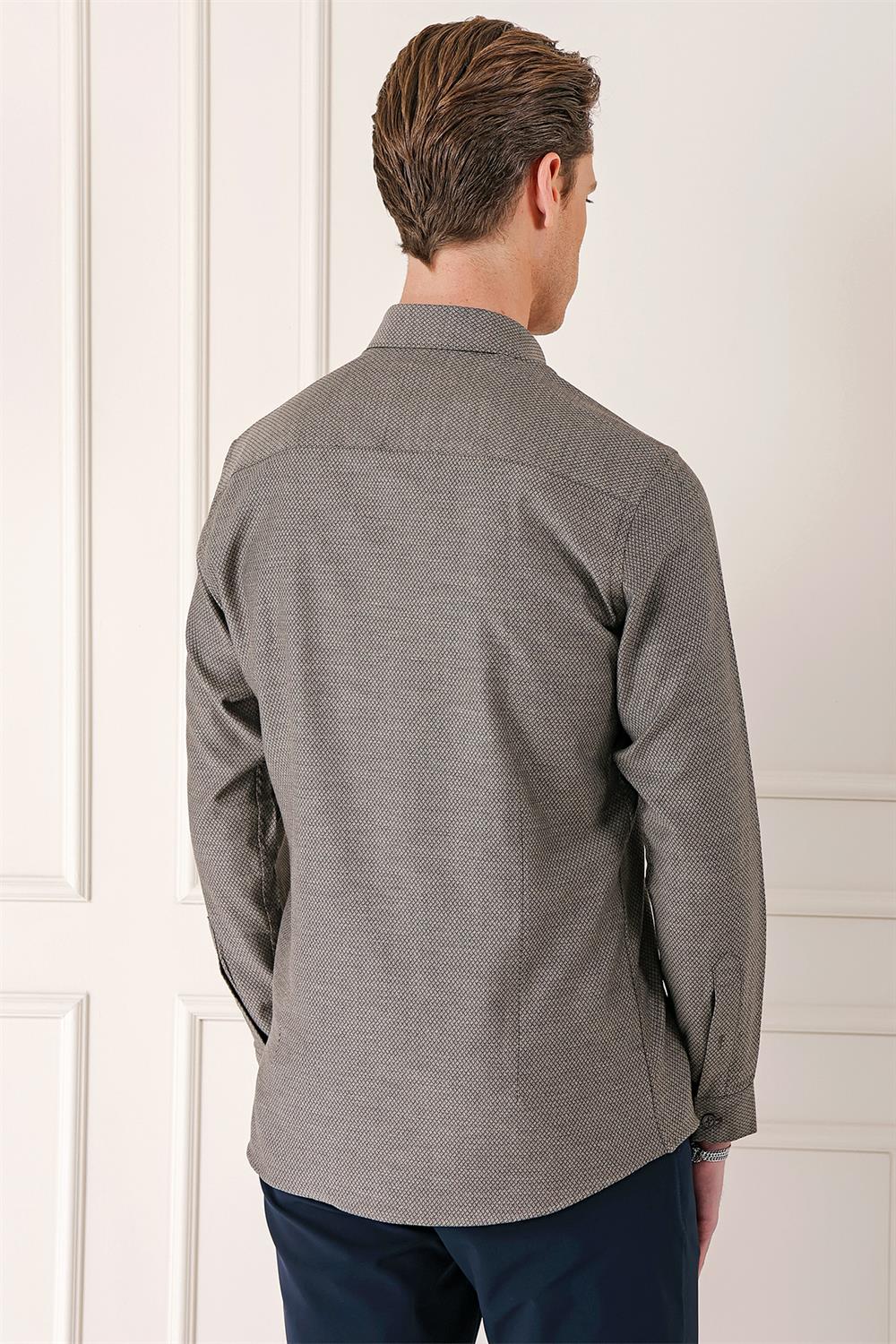 Gk 724 Slim Fit Düğmeli Yaka Dokulu %100 Pamuk Klasik Kahverengi Gömlek