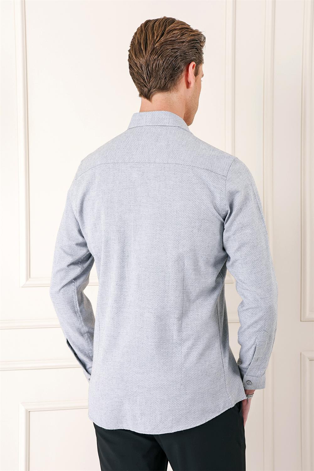 Gk 724 Slim Fit Düğmeli Yaka Dokulu %100 Pamuk Klasik Açık Gri Gömlek