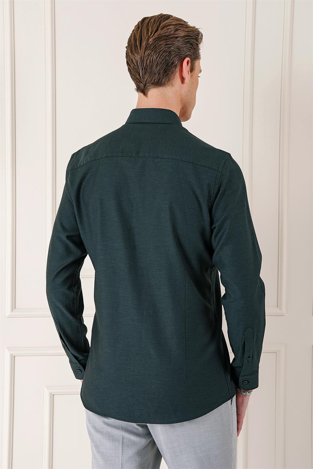 Gk 724 Slim Fit Düğmeli Yaka Dokulu %100 Pamuk Klasik Siyah Gömlek