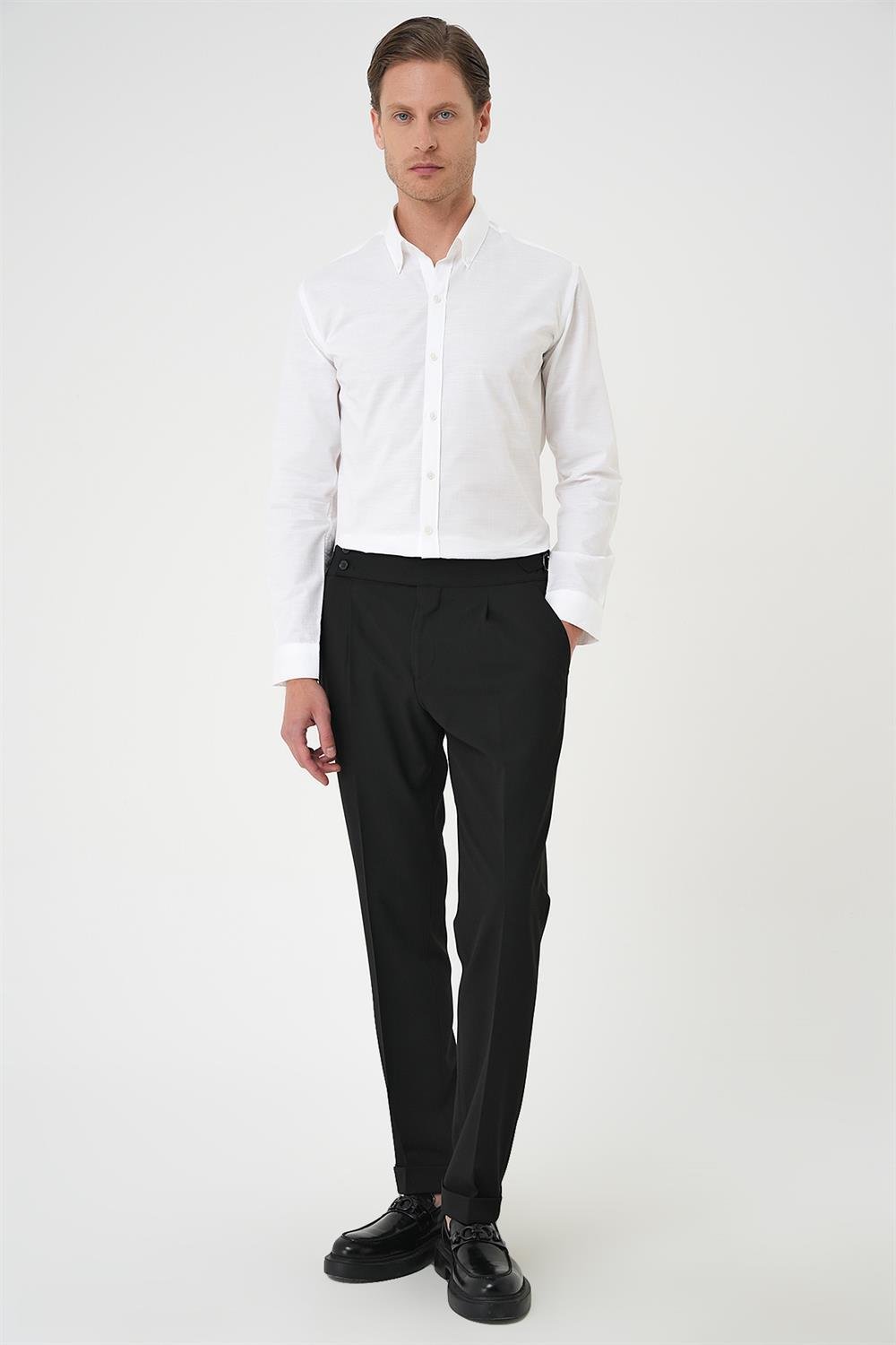 Gk 726 Slim Fit Düğmeli Yaka Dokulu %100 Pamuk Klasik Beyaz 2 Gömlek