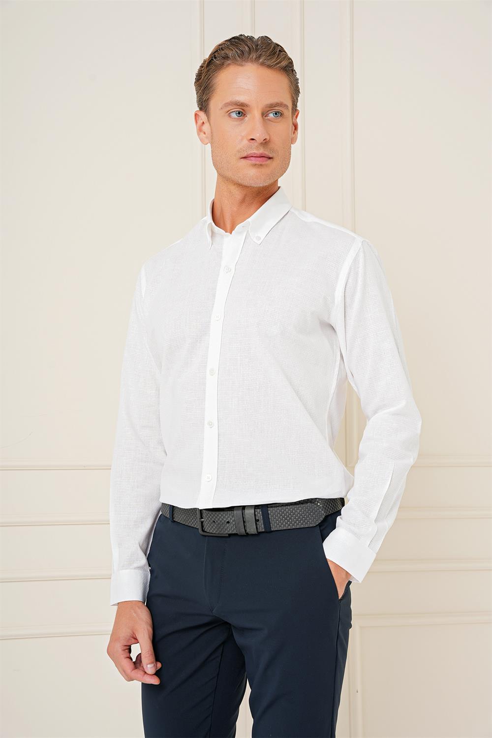 Gk 726 Slim Fit Düğmeli Yaka Dokulu %100 Pamuk Klasik Beyaz Gömlek
