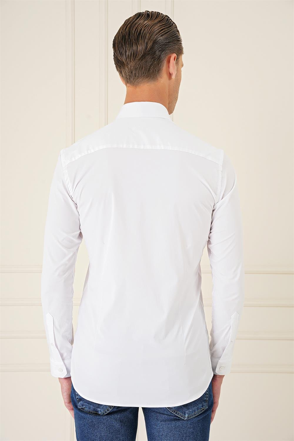 Gk 727 Slim Fit Düğmeli Yaka Esnek Pamuk Klasik Beyaz Gömlek