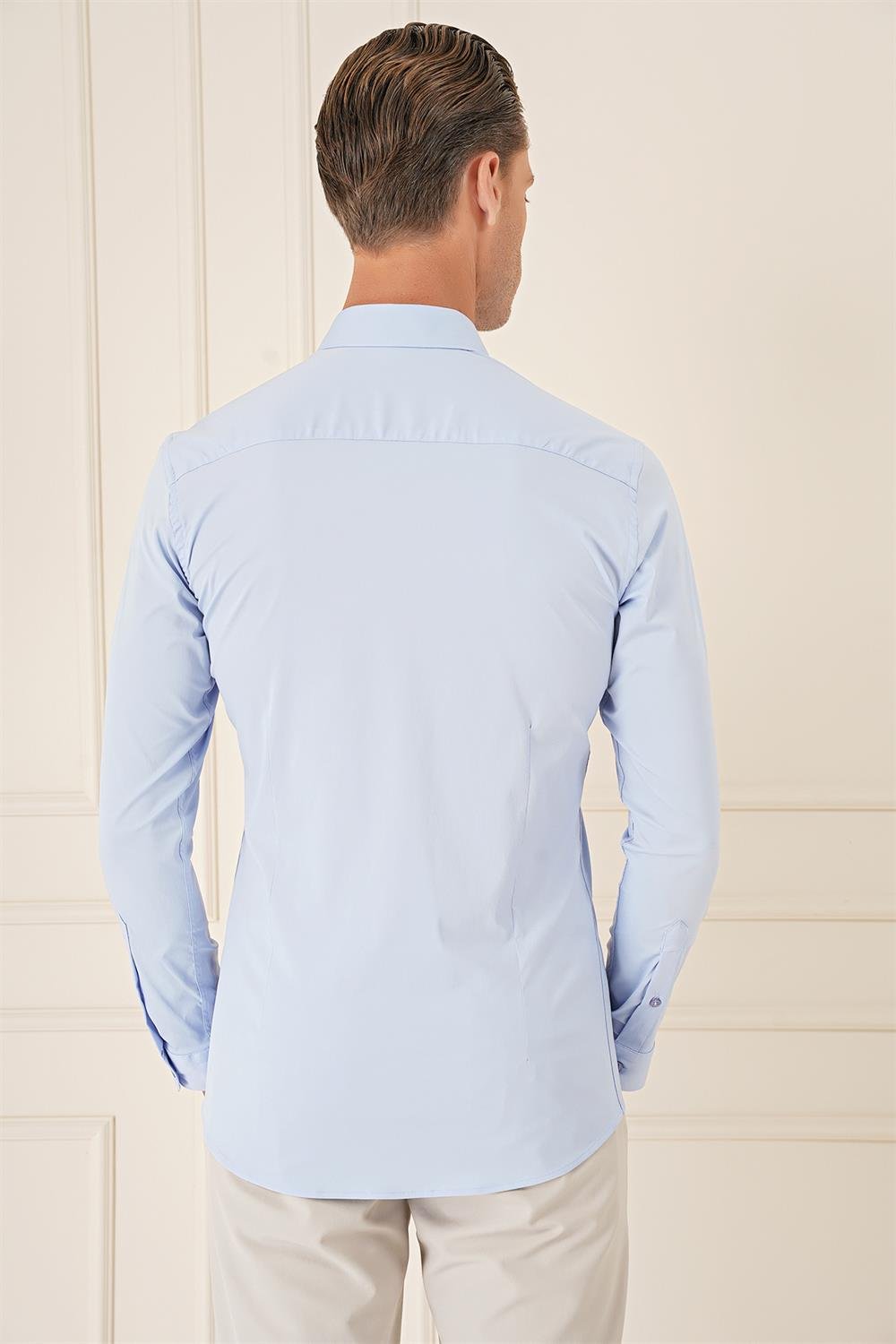 Gk 727 Slim Fit Düğmeli Yaka Esnek Pamuk Klasik Mavi Gömlek