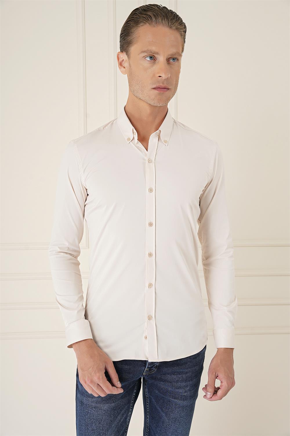 Gk 727 Slim Fit Düğmeli Yaka Esnek Pamuk Klasik Bej Gömlek