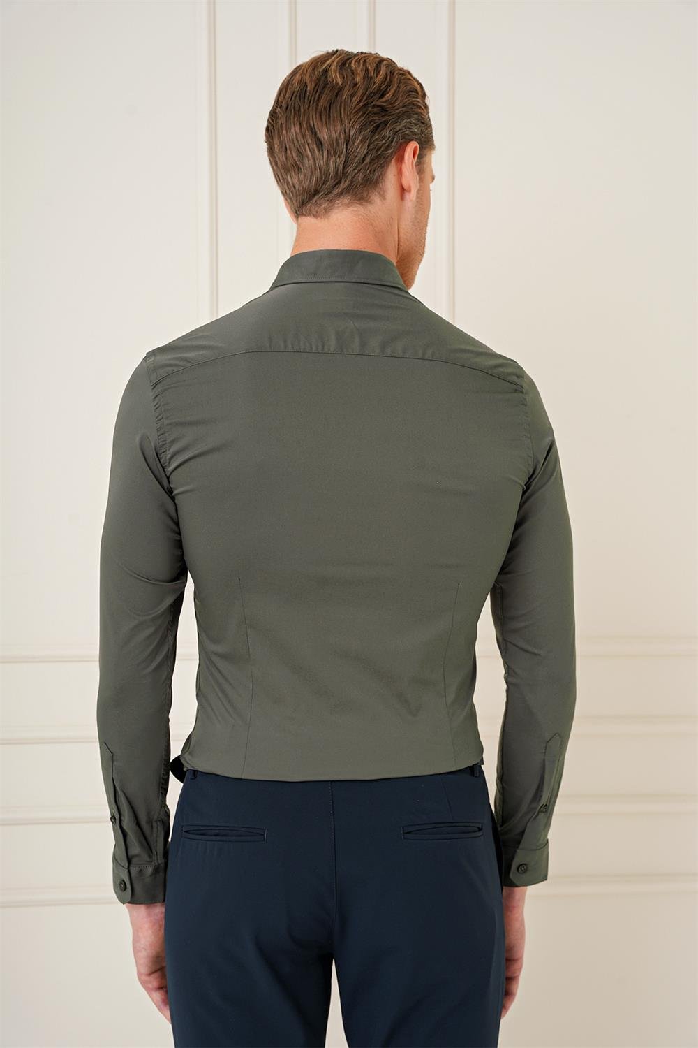 Gk 727 Slim Fit Düğmeli Yaka Esnek Pamuk Klasik Haki Gömlek