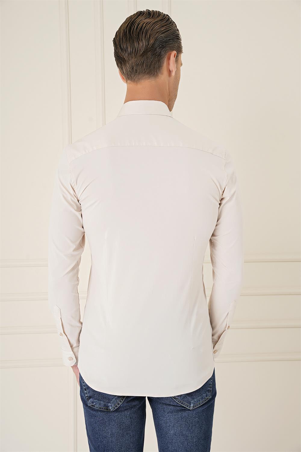Gk 727 Slim Fit Düğmeli Yaka Esnek Pamuk Klasik Bej Gömlek