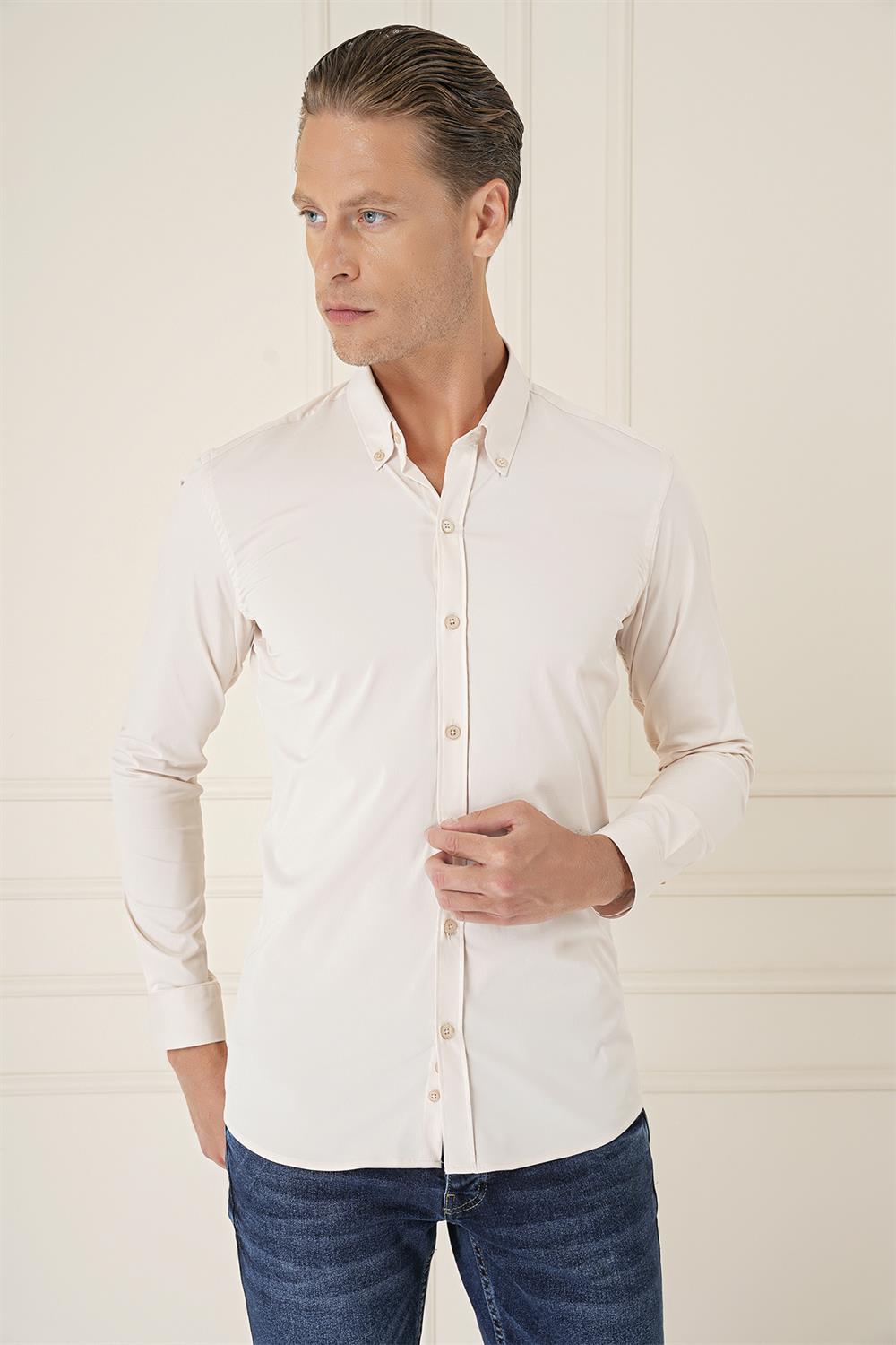 Gk 727 Slim Fit Düğmeli Yaka Esnek Pamuk Klasik Bej Gömlek