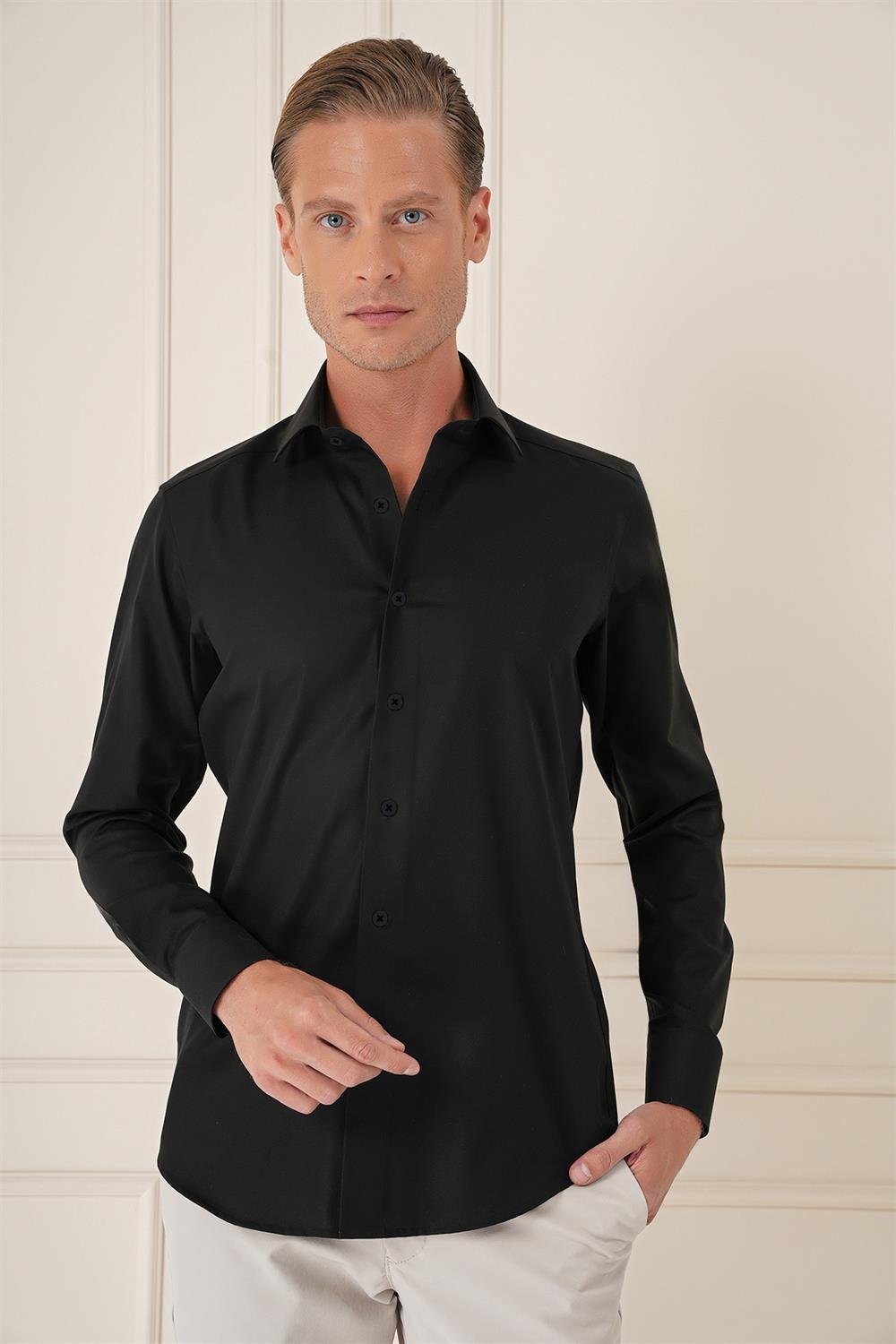 Gk 735 Slim Fit %100 Pamuk Non Iron Kumaş Klasik Siyah Gömlek 