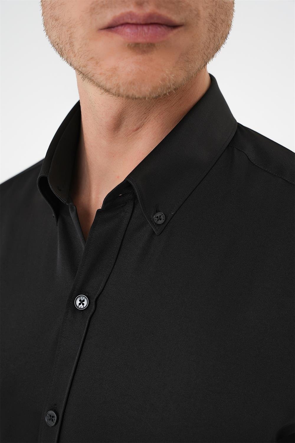 Gk 736 Slim Fit Düğmeli Yaka Pamuklu Klasik Siyah Gömlek