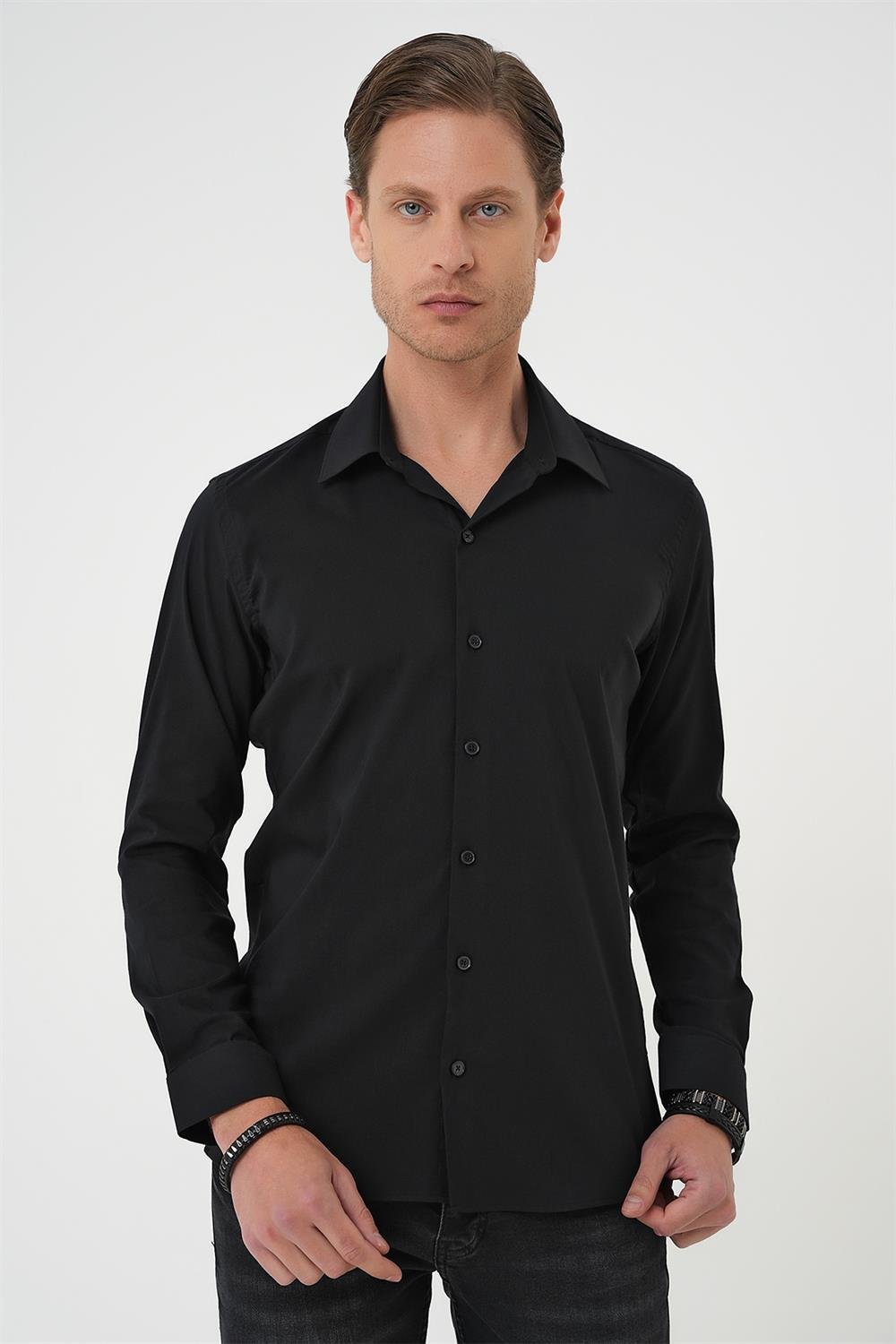 Gk 737 Slim Fit Erkek Yaka Esnek Pamuk Klasik Beyaz Siyah Gömlek