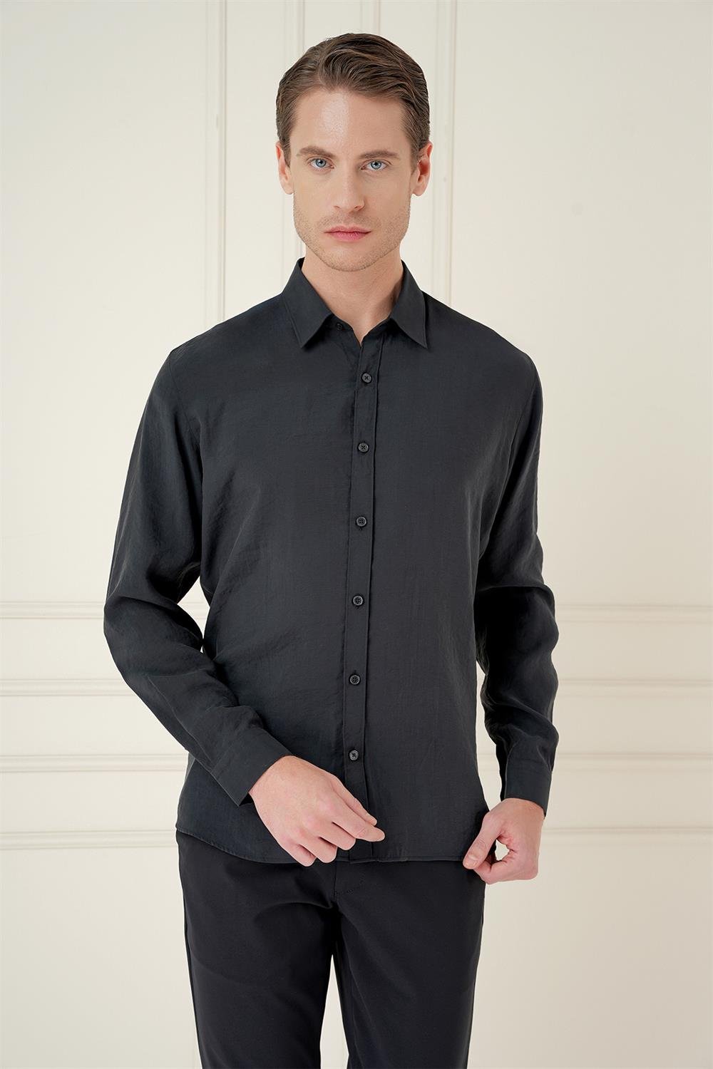 Gk 743 Slim Fit %100 Modal Uzun Kol Klasik Siyah Gömlek 