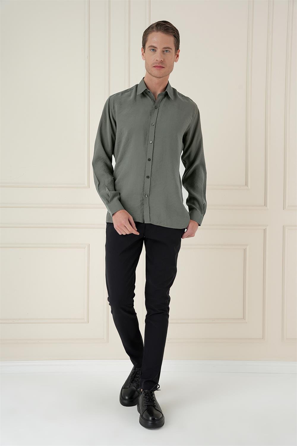 GK 743 Slim Fit Haki Klasik Gömlek