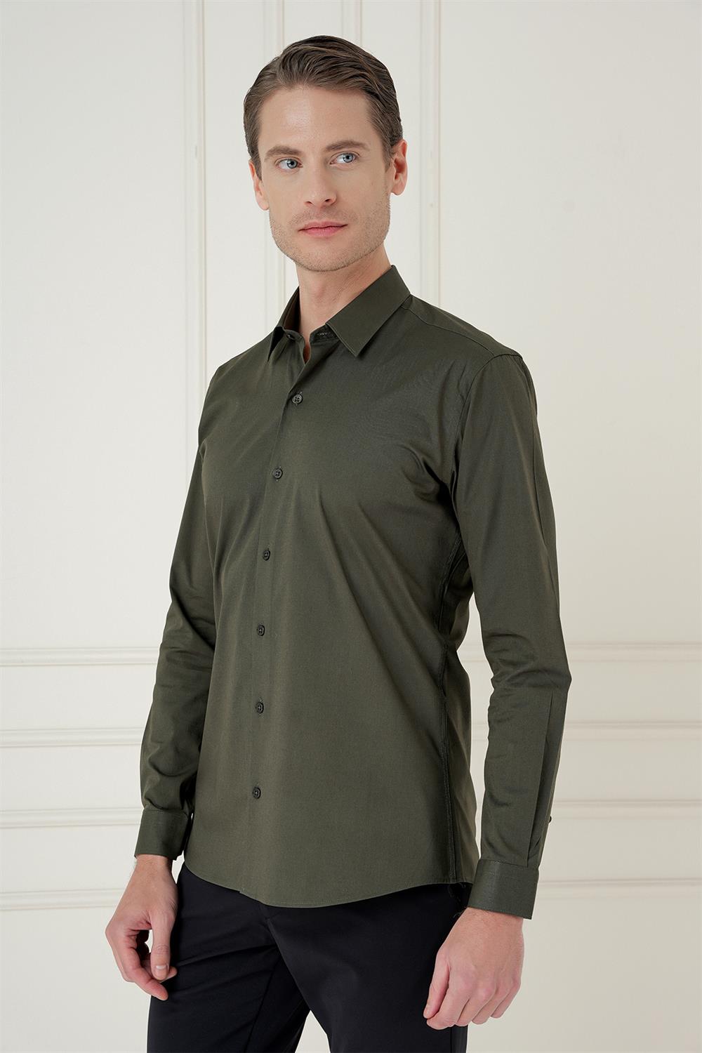 GK 745 Slim Fit Haki Klasik Gömlek
