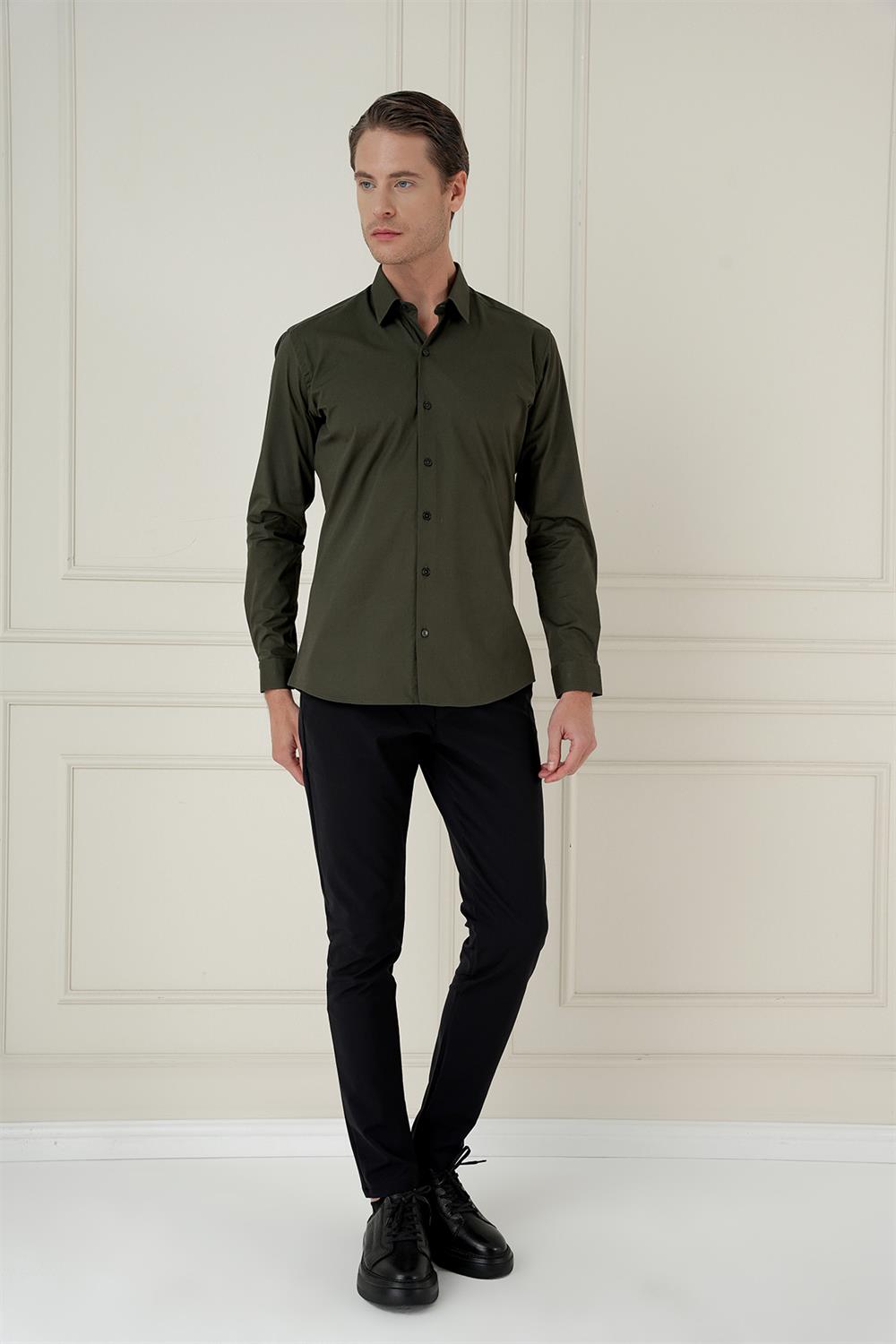 GK 745 Slim Fit Haki Klasik Gömlek