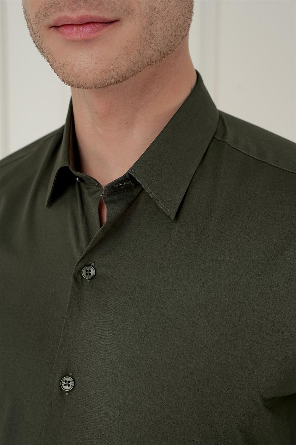 Gk 745 Slim Fit Pamuk Uzun Kol Klasik Haki Gömlek 