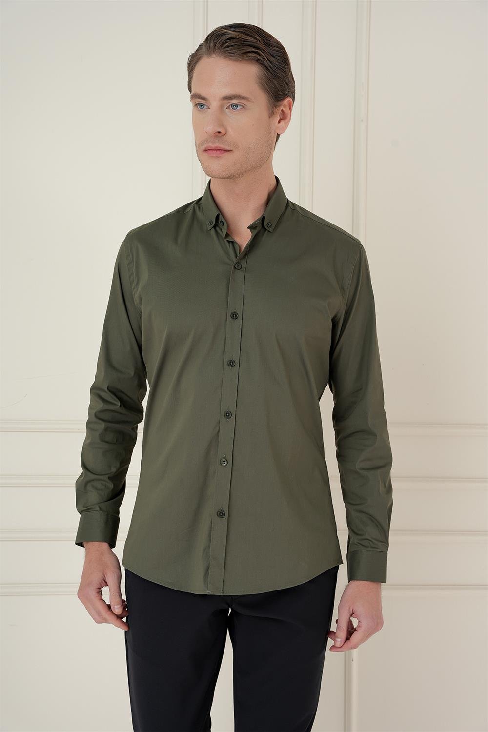 GK 746 Slim Fit Haki Klasik Gömlek