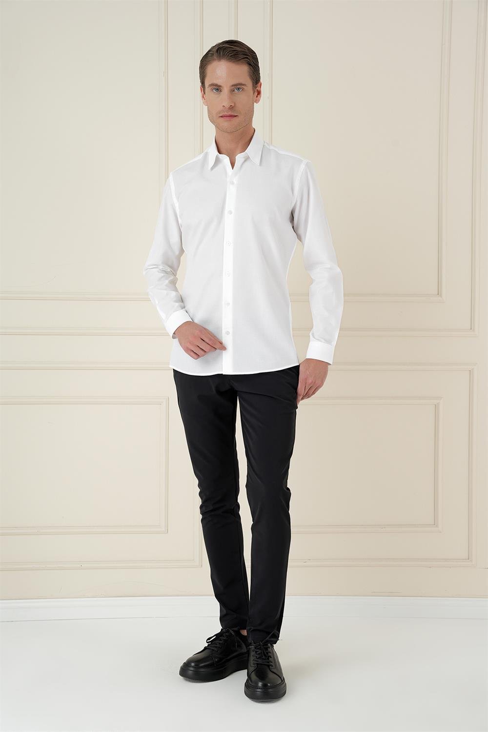 Gk 749 Slim Fit %100 Pamuk Uzun Kol Dokulu Klasik Beyaz Gömlek 