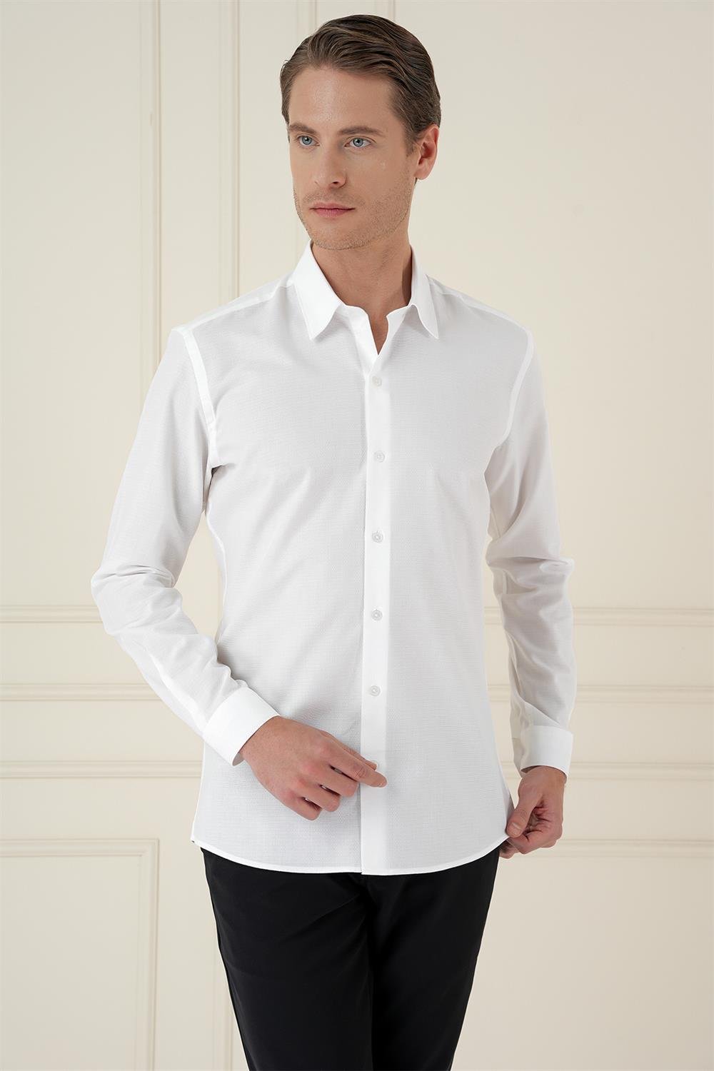 Gk 749 Slim Fit %100 Pamuk Uzun Kol Dokulu Klasik Beyaz Gömlek 