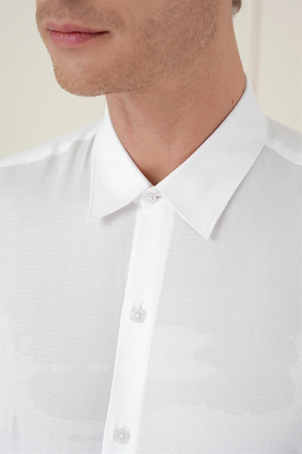 Gk 749 Slim Fit %100 Pamuk Uzun Kol Dokulu Klasik Beyaz Gömlek 