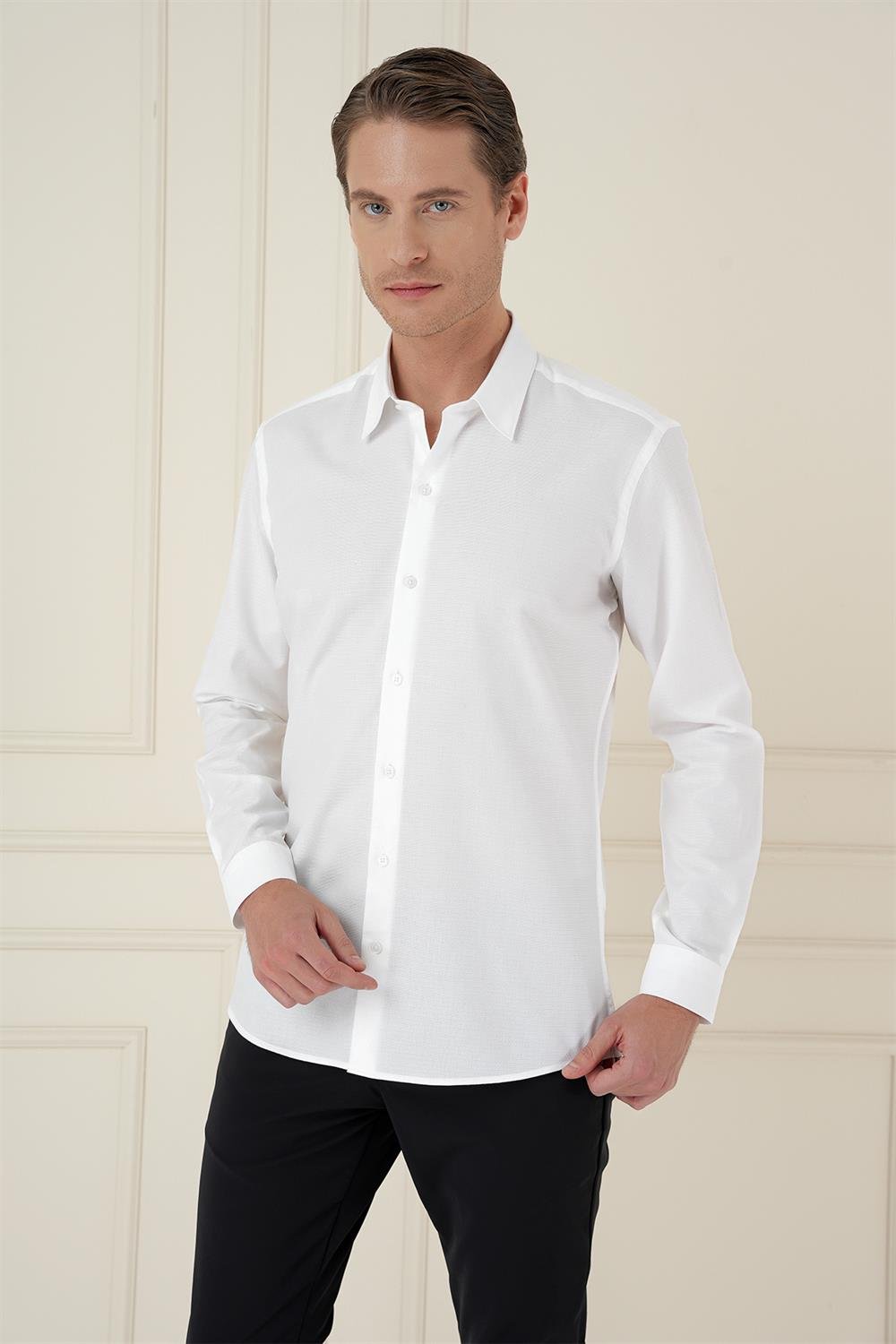 Gk 749 Slim Fit %100 Pamuk Uzun Kol Dokulu Klasik Beyaz Gömlek 