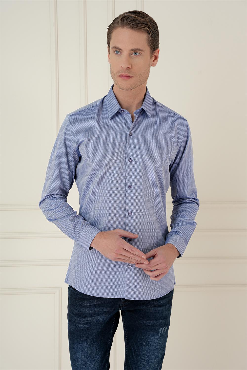 Gk 749 Slim Fit %100 Pamuk Uzun Kol Dokulu Klasik İndigo Gömlek 
