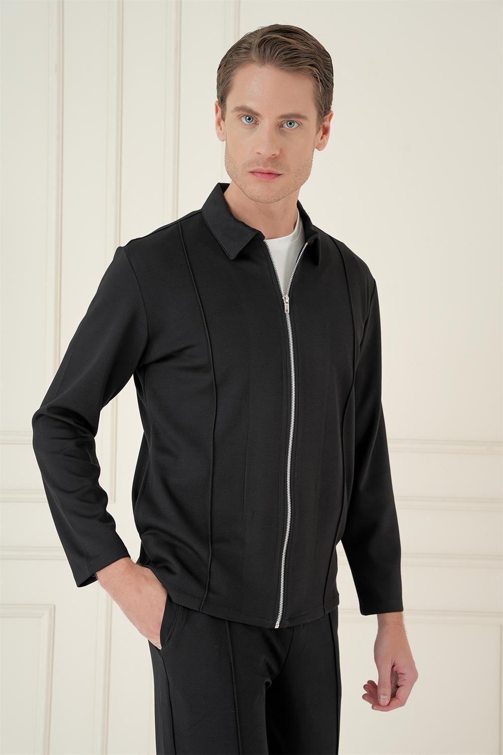 Mt 174 Slim Fit Fermuarlı Yan Cep Mevsimlik Casual Siyah Mont