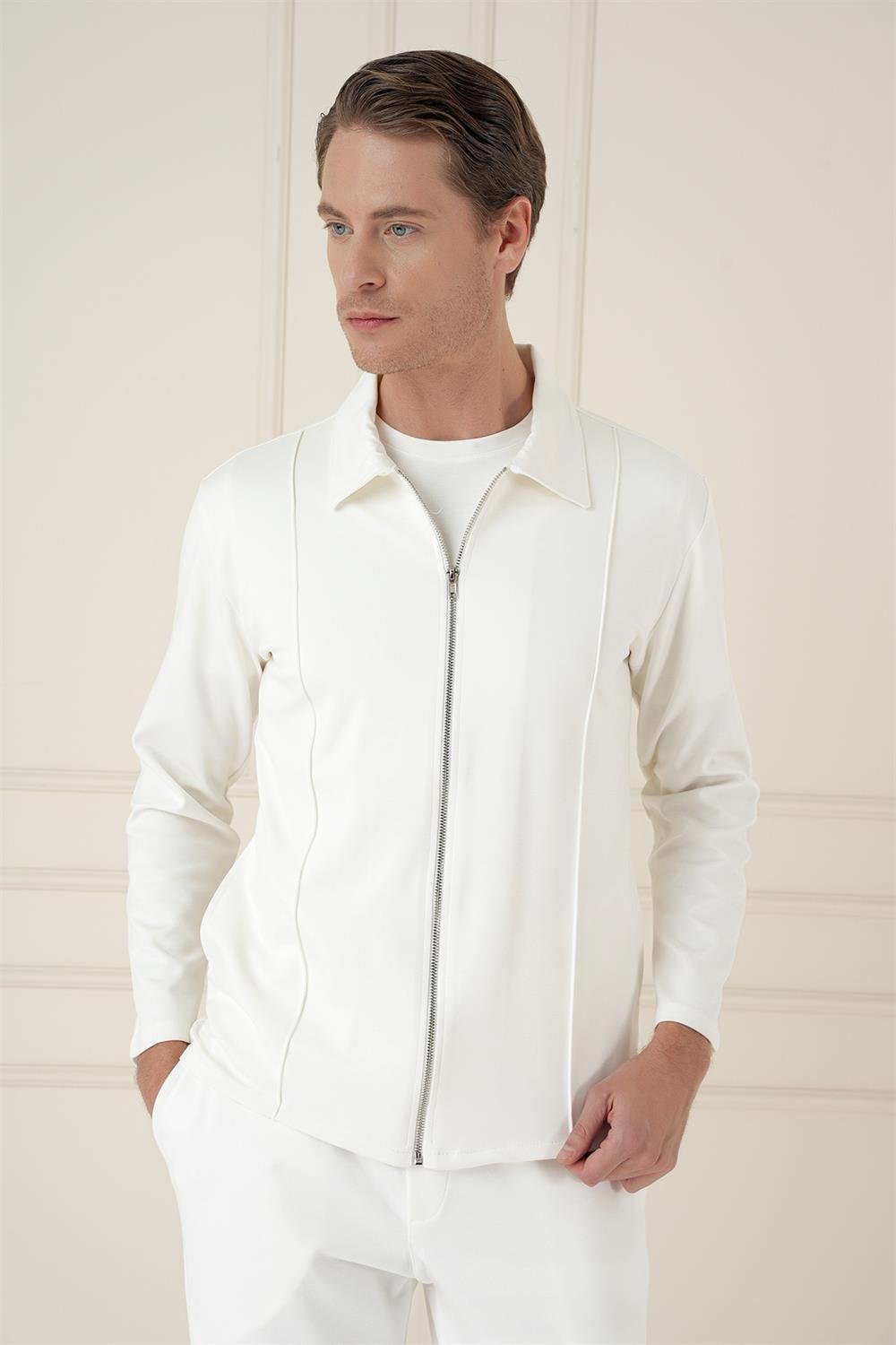 Mt 174 Slim Fit Fermuarlı Yan Cep Mevsimlik Casual Ekru Mont