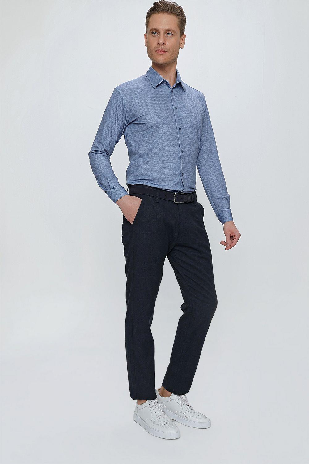 P 1107 Slim Fit Lacivert Ekoseli Spor Pantolon