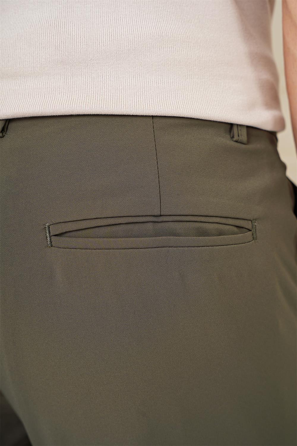 P 1144 Slim Fit Yan Cepli Düz Esnek Casuel Haki Pantolon