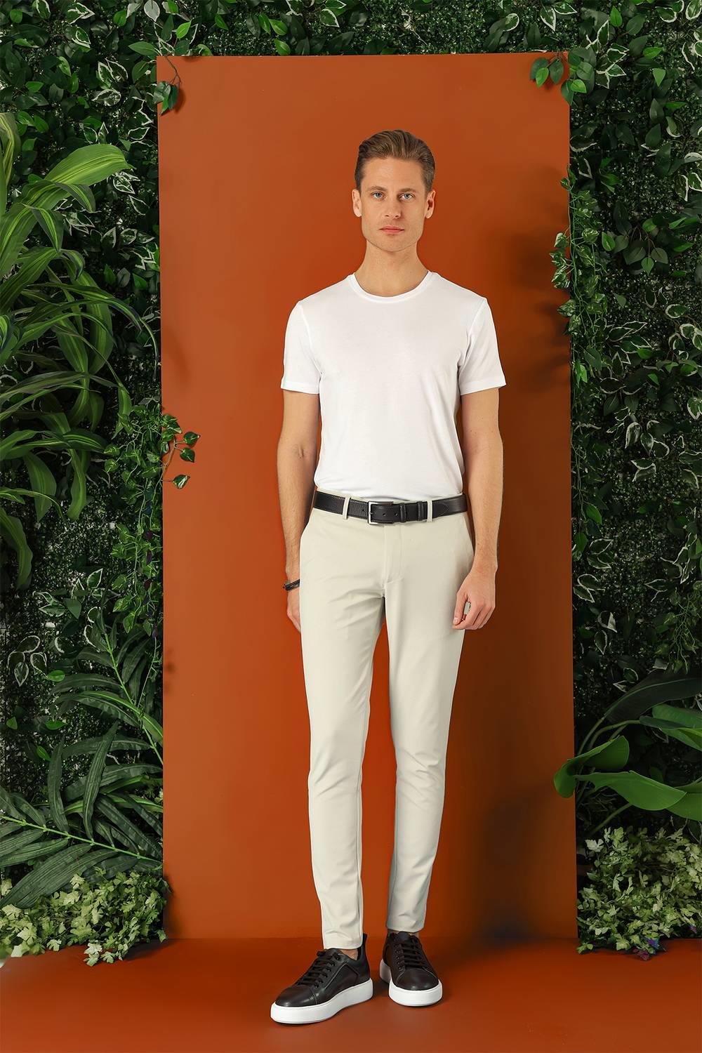 P 1144 Slim Fit Yan Cepli Düz Esnek Casuel Taş Pantolon