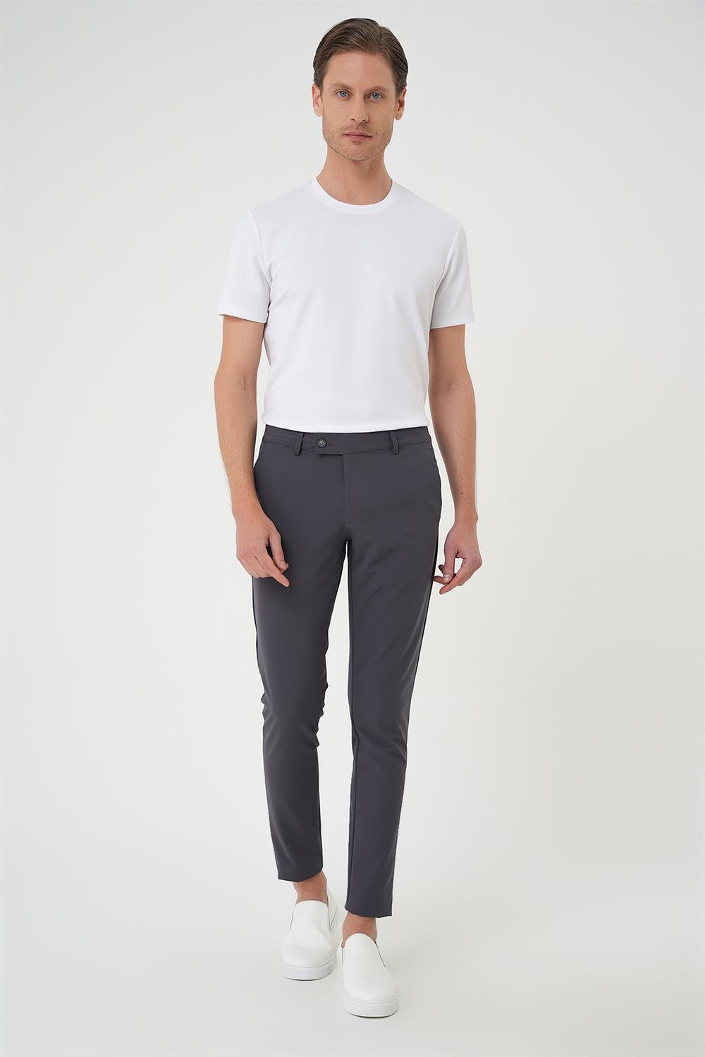 P 1144 Slim Fit Yan Cepli Düz Esnek Casuel Koyu Füme Pantolon