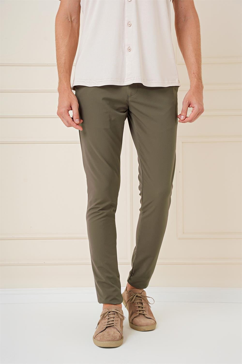 P 1144 Slim Fit Yan Cepli Düz Esnek Casuel Haki Pantolon