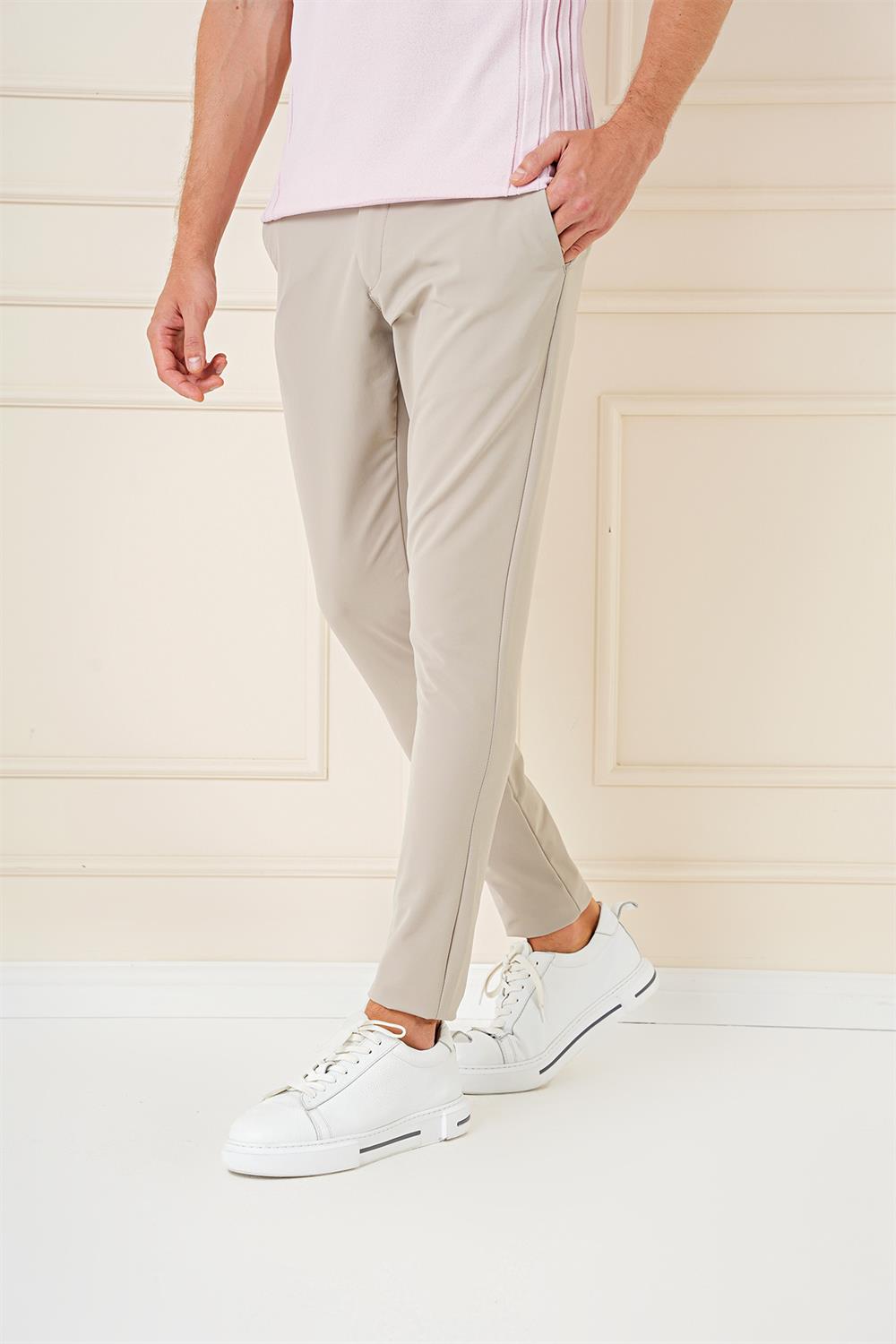 P 1144 Slim Fit Yan Cepli Düz Esnek Casuel Koyu Bej Pantolon