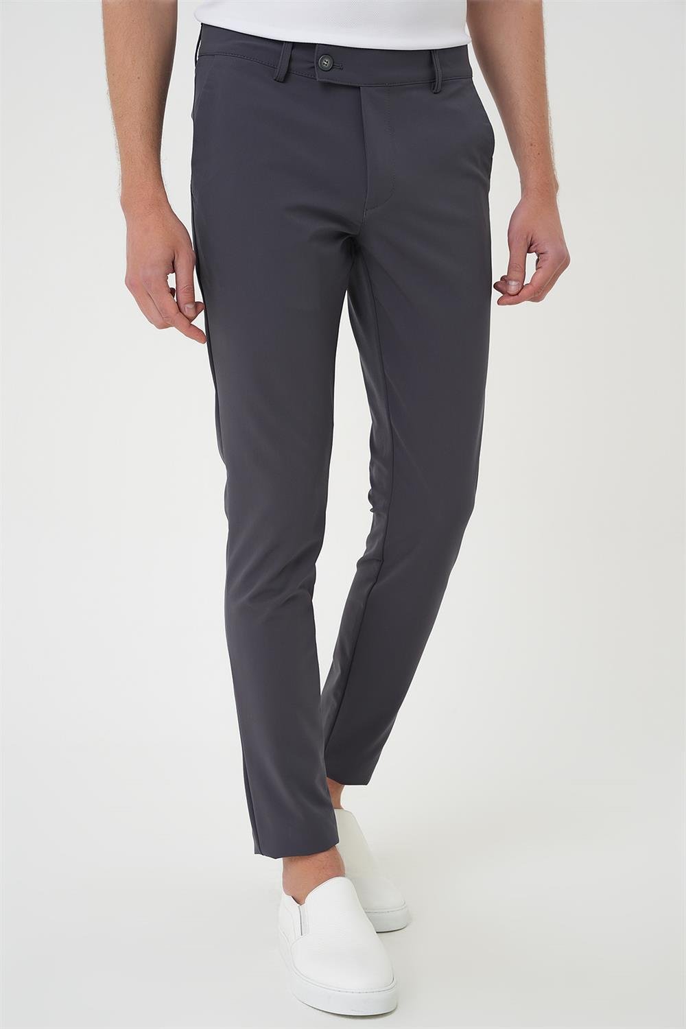 P 1144 Slim Fit Yan Cepli Düz Esnek Casuel Koyu Füme Pantolon