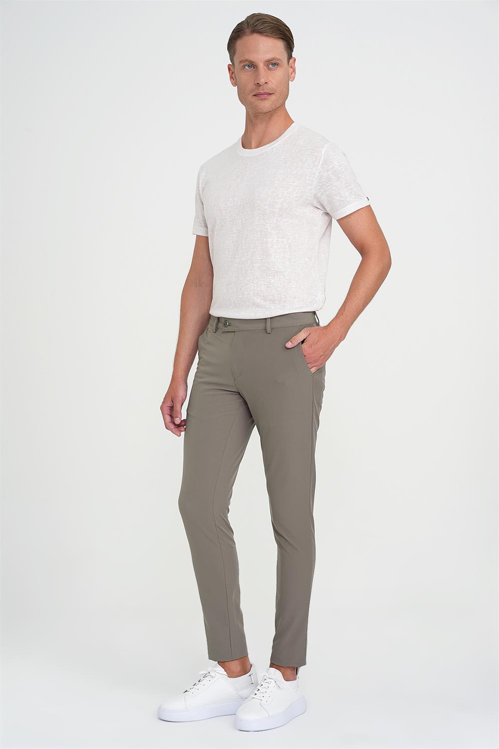 P 1144 Slim Fit Yan Cepli Düz Esnek Casuel Vizon Pantolon