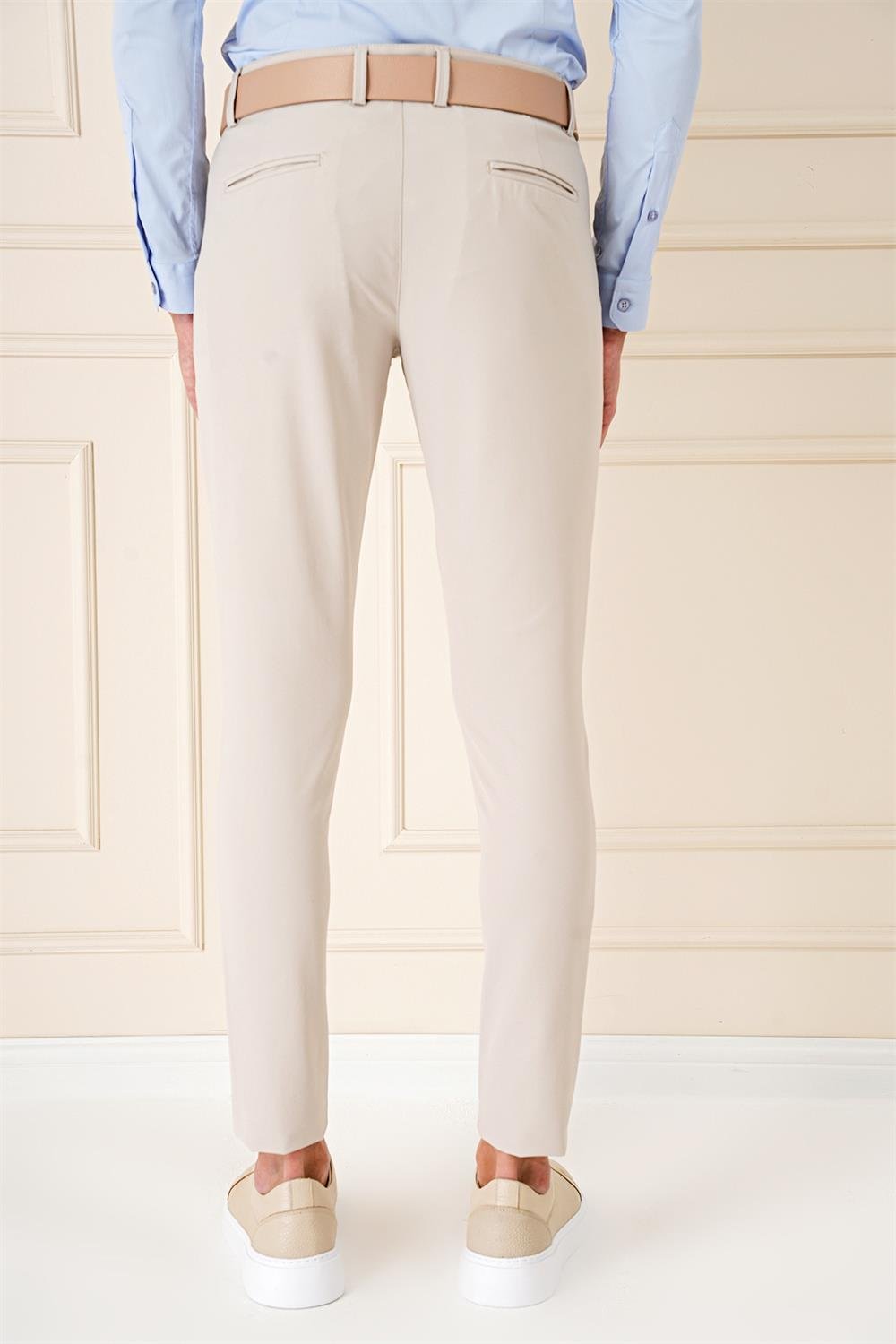 P 1144 Slim Fit Yan Cepli Düz Esnek Casuel Kum Pantolon