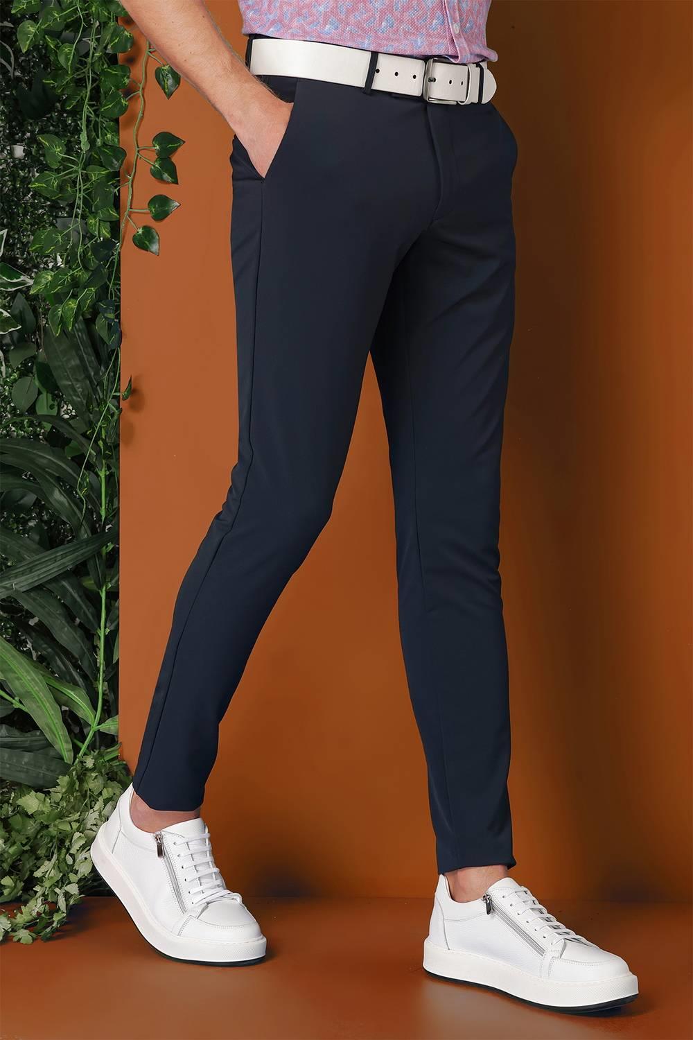 P 1144 Slim Fit Yan Cepli Düz Esnek Casuel Lacivert Pantolon