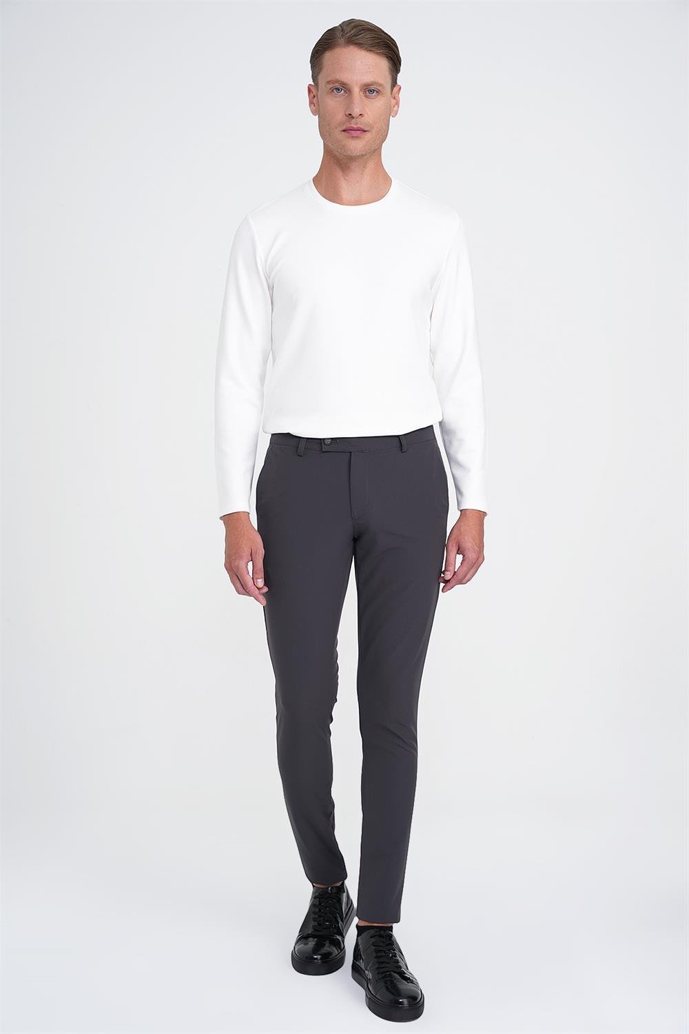 P 1144 Slim Fit Yan Cepli Düz Esnek Casuel Antrasit Pantolon