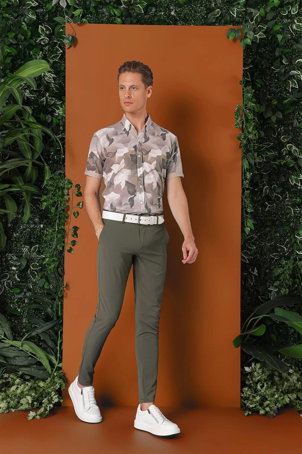 P 1144 Slim Fit Yan Cepli Düz Esnek Casuel Nefti Pantolon