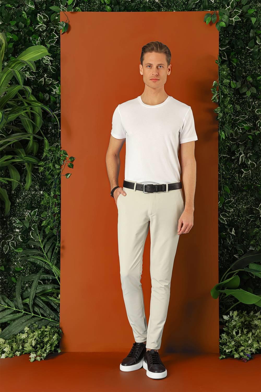 P 1144 Slim Fit Yan Cepli Düz Esnek Casuel Taş Pantolon
